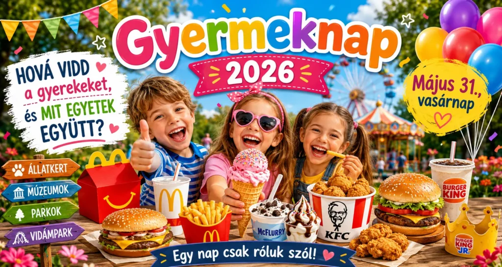 Gyermeknap 2026 Magyarországon május 31-én – mosolygó gyerekek hamburgert, fagylaltot és sült krumplit esznek egy vidámparkban családi programok közben.